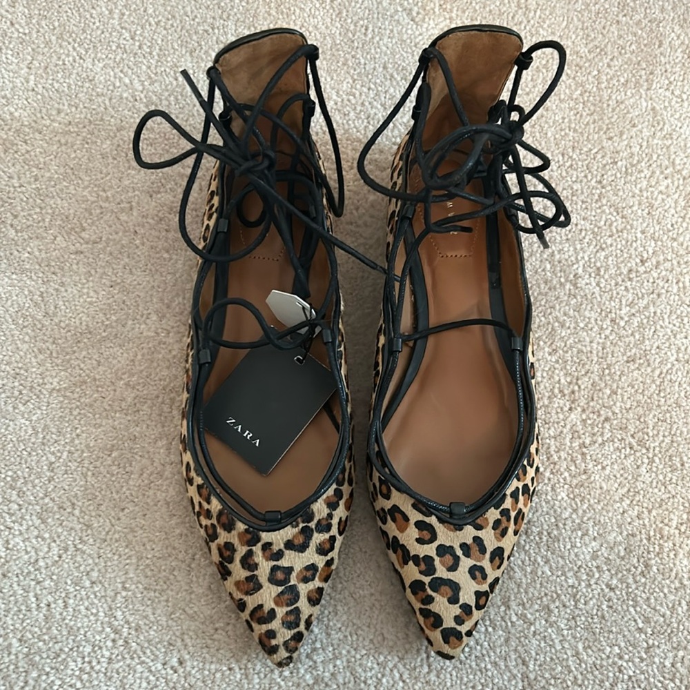 ZARA Ballerina Cheetah Leopard Flats Pointed Toe Shoes Calf Hair Size 37 6.5 US